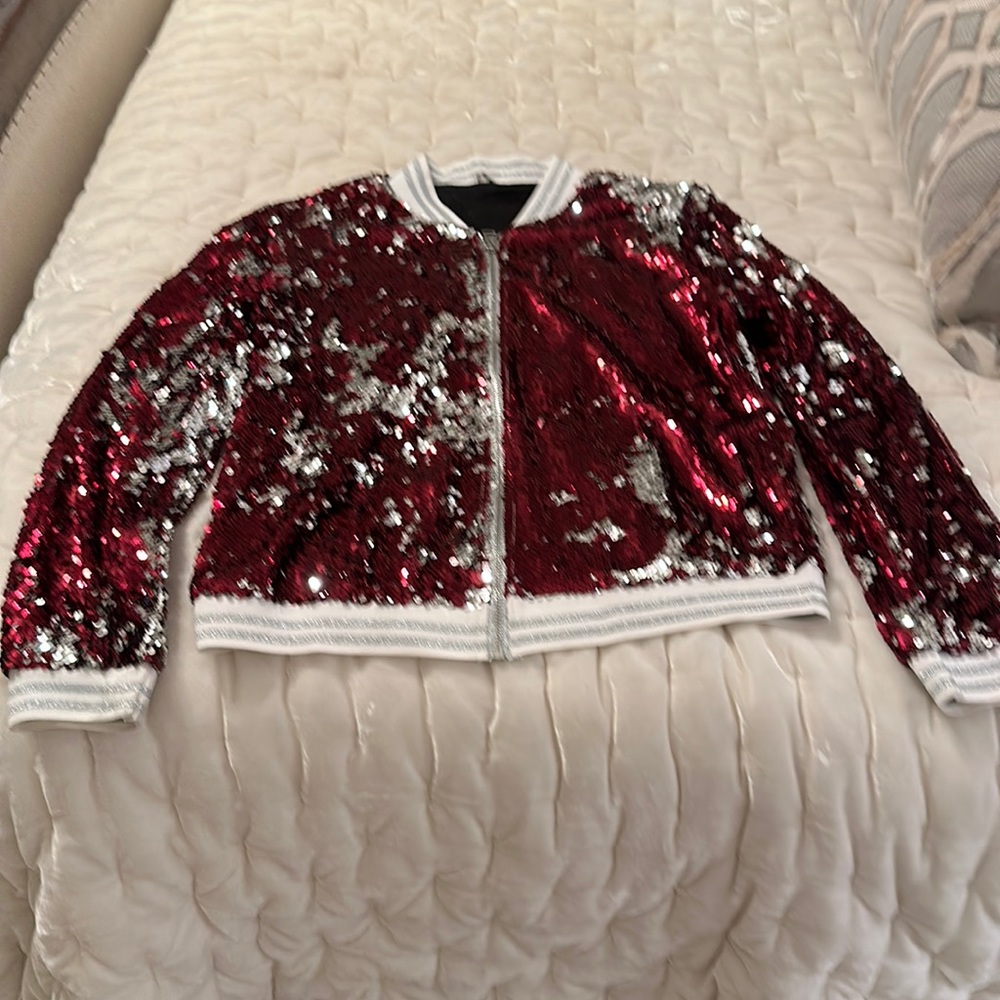 Maroon and White Sequin Bomber jacket. Worn twice. Great condition. So fun!